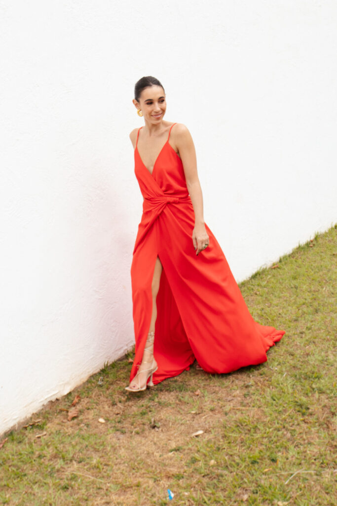 Vestido Drapeado Frente Única Com Fenda Pri – Laranja - Imagem 4