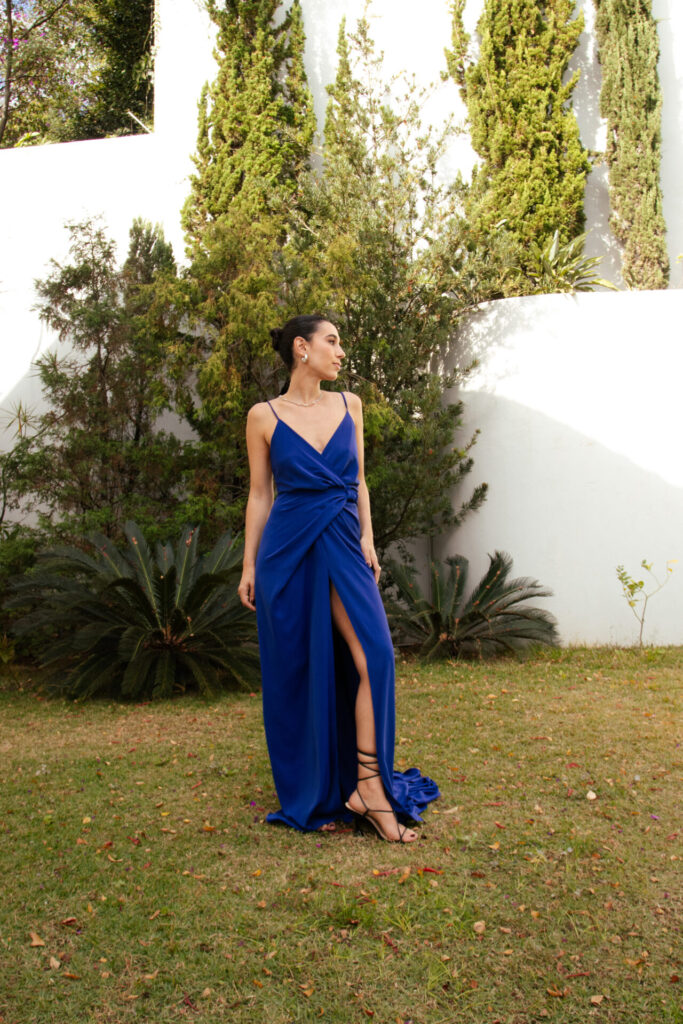 Vestido Drapeado Frente Única Com Fenda Pri – Azul Royal - Imagem 6
