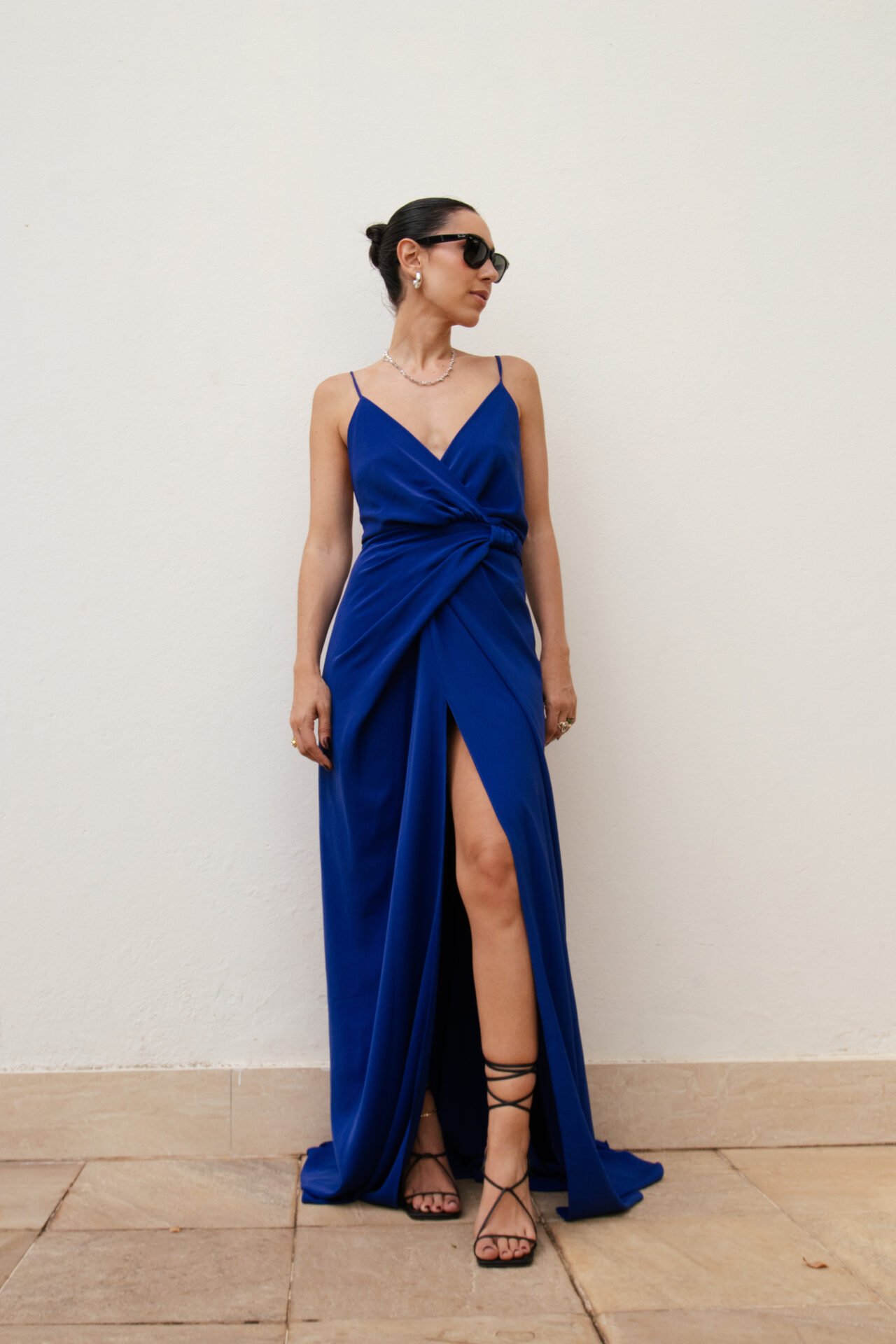 Vestido Drapeado Frente Única Com Fenda Pri – Azul Royal