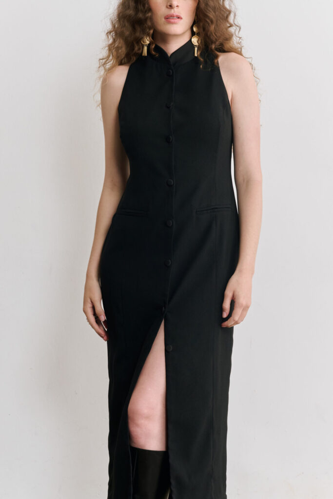 Vestido Midi com Gola Alta e Botões Frontais Sayuri - Preto - Imagem 2