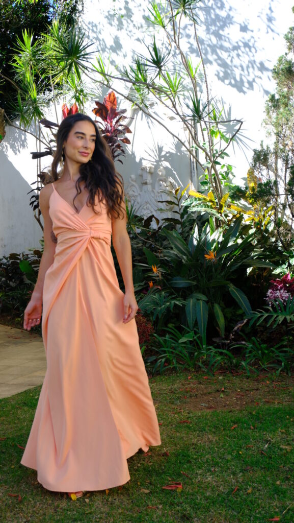 Vestido Drapeado Frente Única Com Fenda Pri - Pêssego - Imagem 4