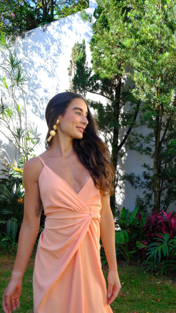 Vestido Drapeado Frente Única Com Fenda Pri - Pêssego - Imagem 6