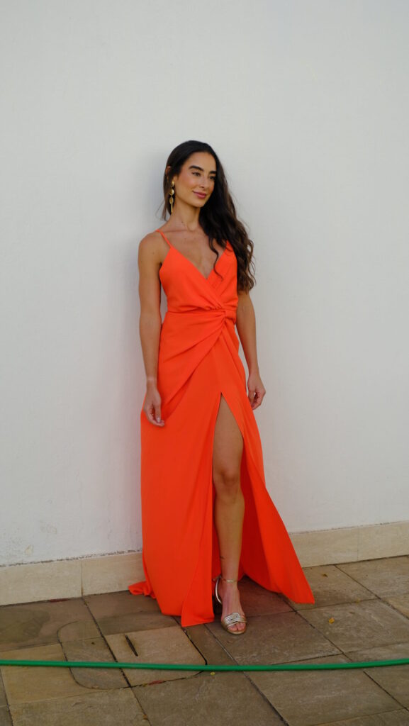 Vestido Drapeado Frente Única Com Fenda Pri – Laranja - Imagem 5