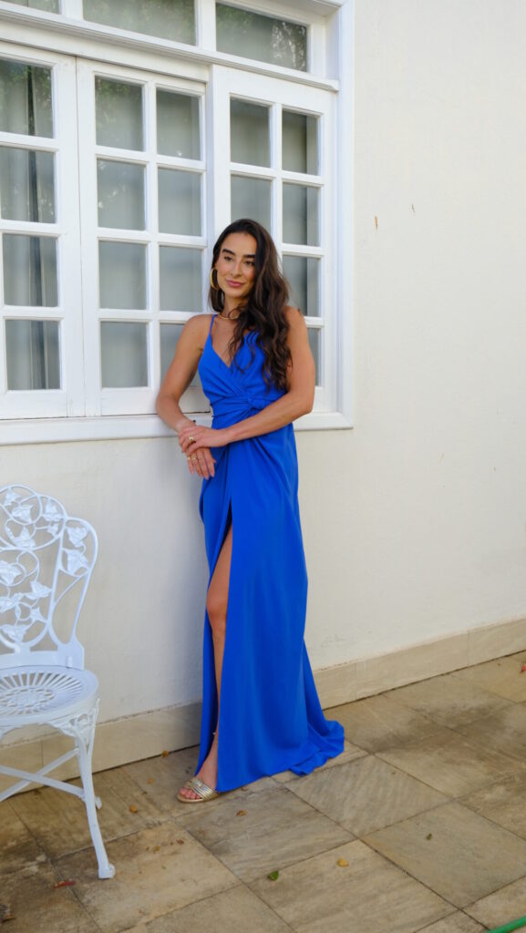 Vestido Drapeado Frente Única Com Fenda Pri – Azul Royal - Imagem 7