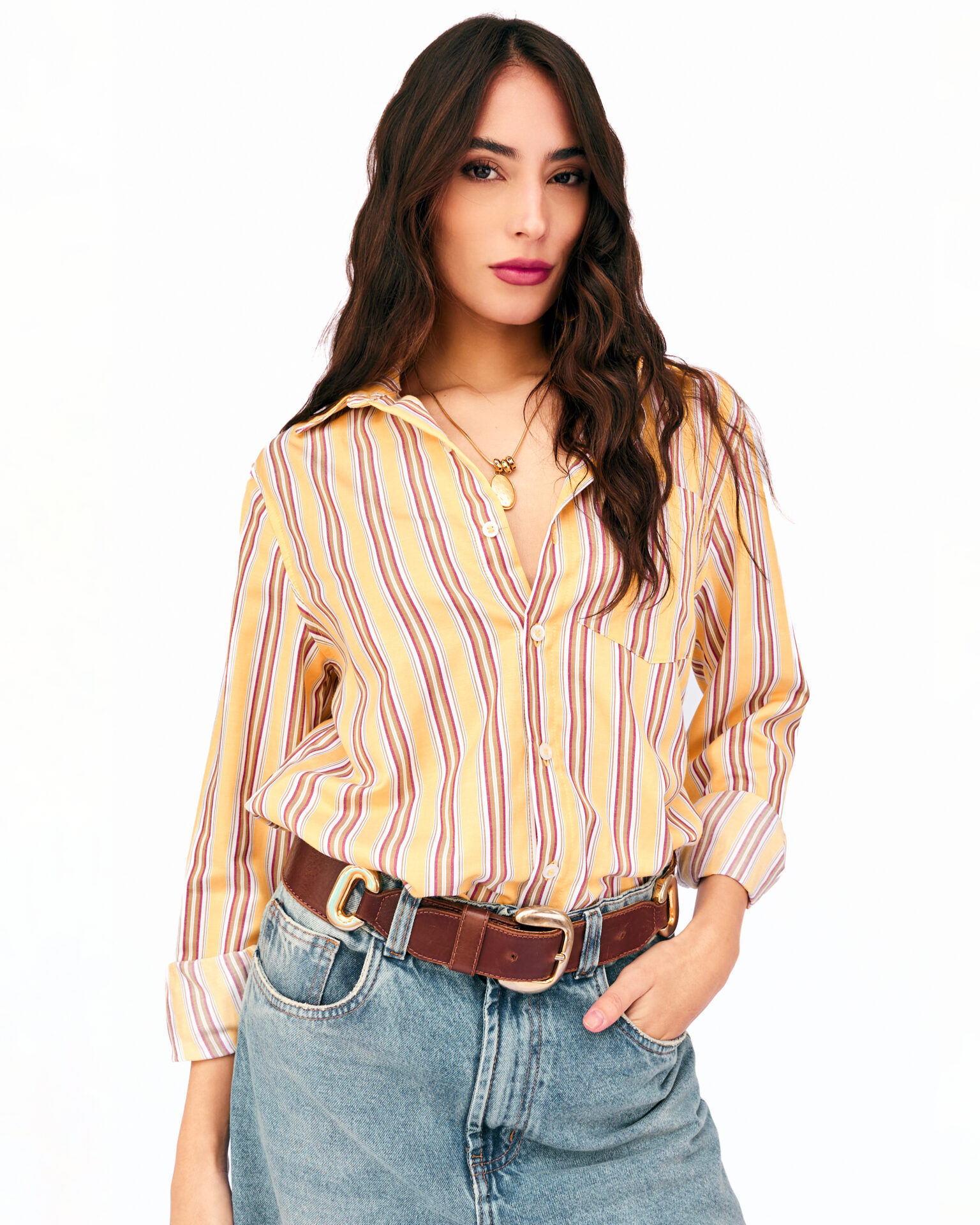 Camisa Manga Longa Com Listras Giulia – Amarela