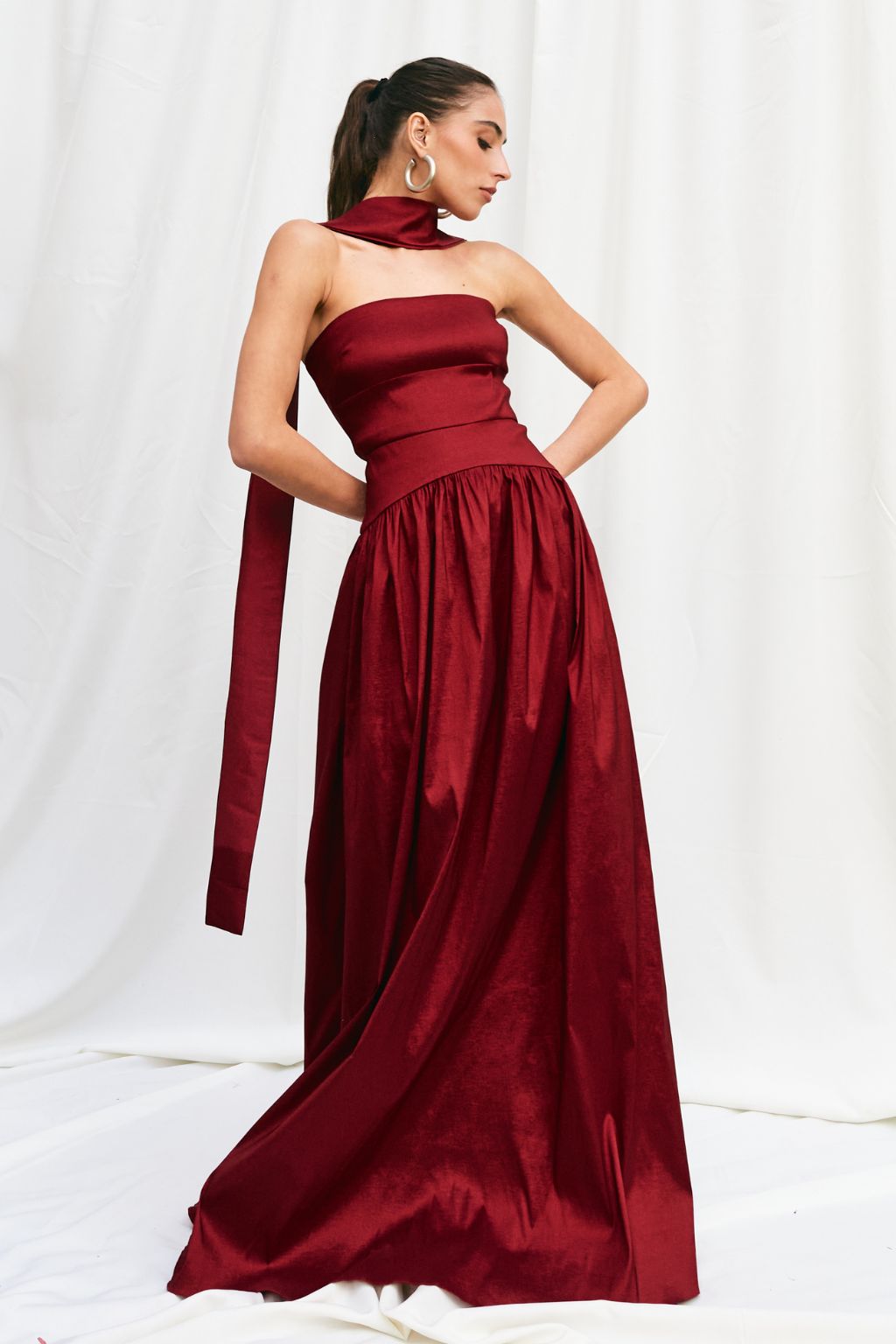 Vestido Longo Tafetá Sem Alças Eugenia – Vinho