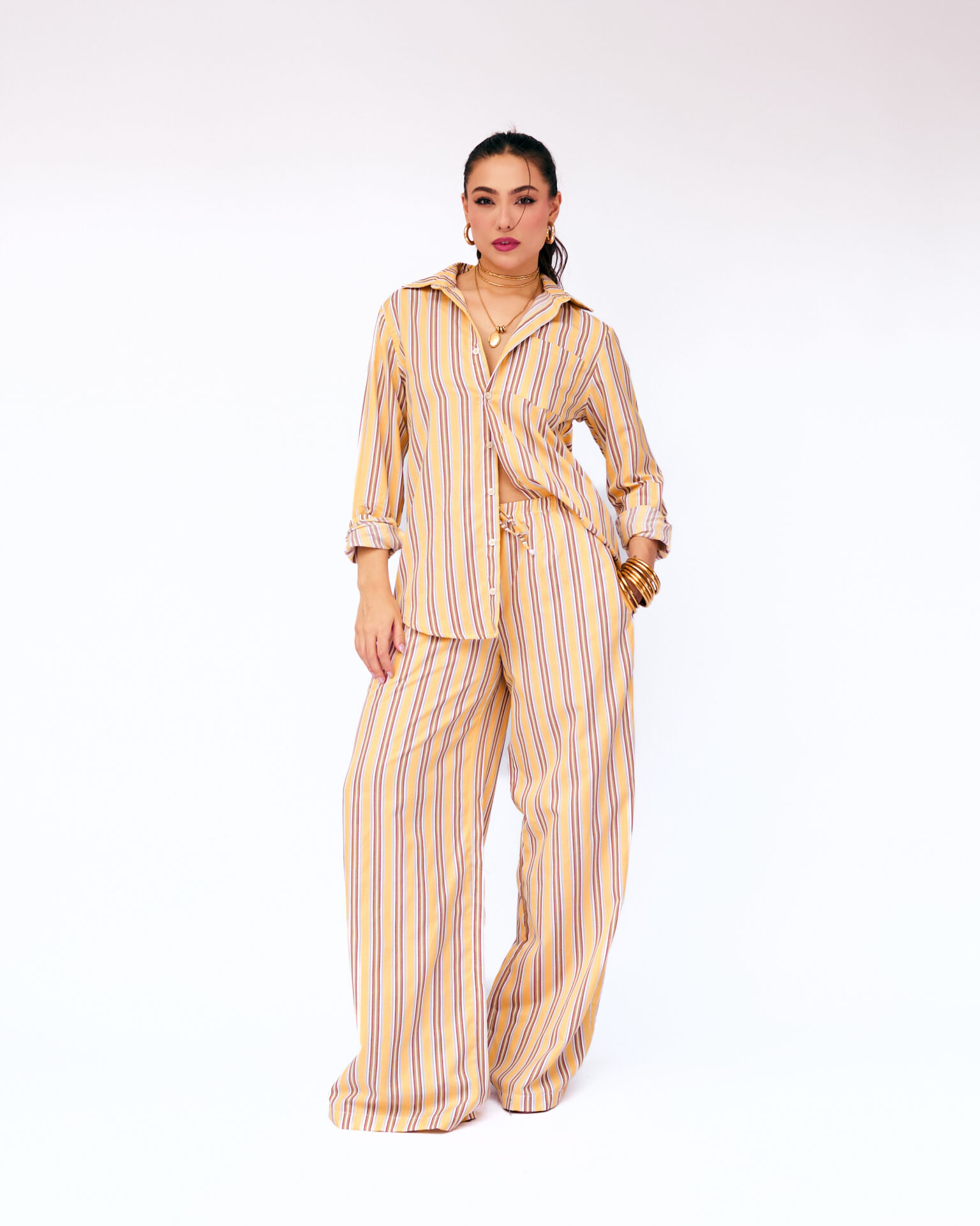 Calça Pantalona Listrada Bianca – Amarelo
