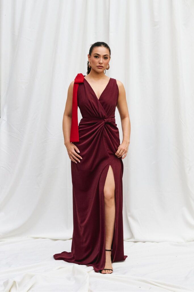 Vestido Longo Drapeado com Decote Transpassado e Laços Daphne - Uva - Imagem 2