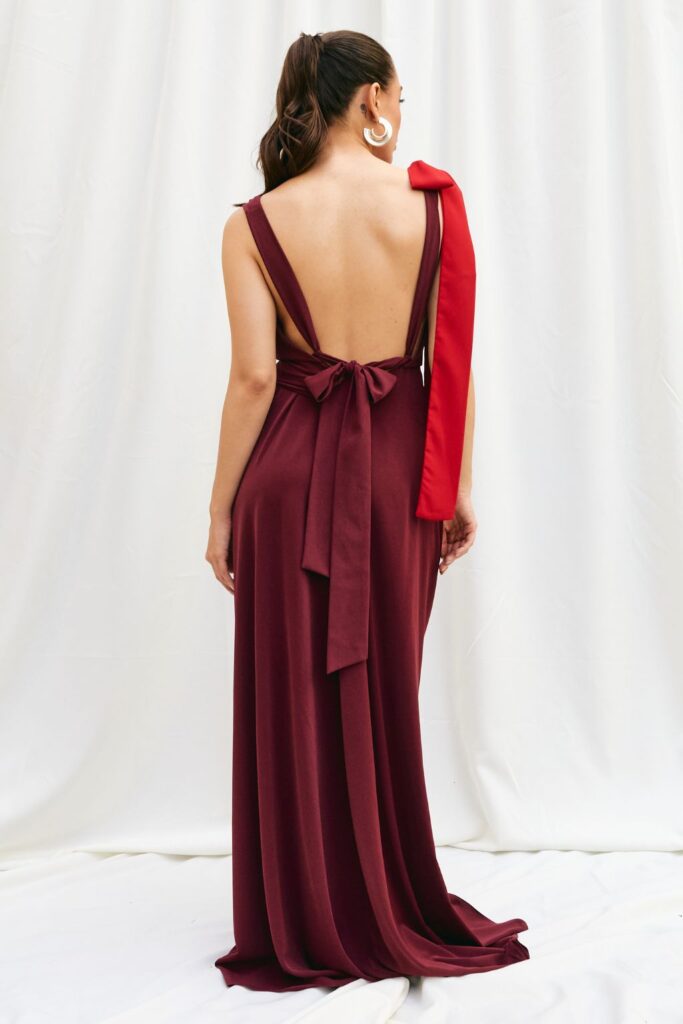 Vestido Longo Drapeado com Decote Transpassado e Laços Daphne - Uva - Imagem 4