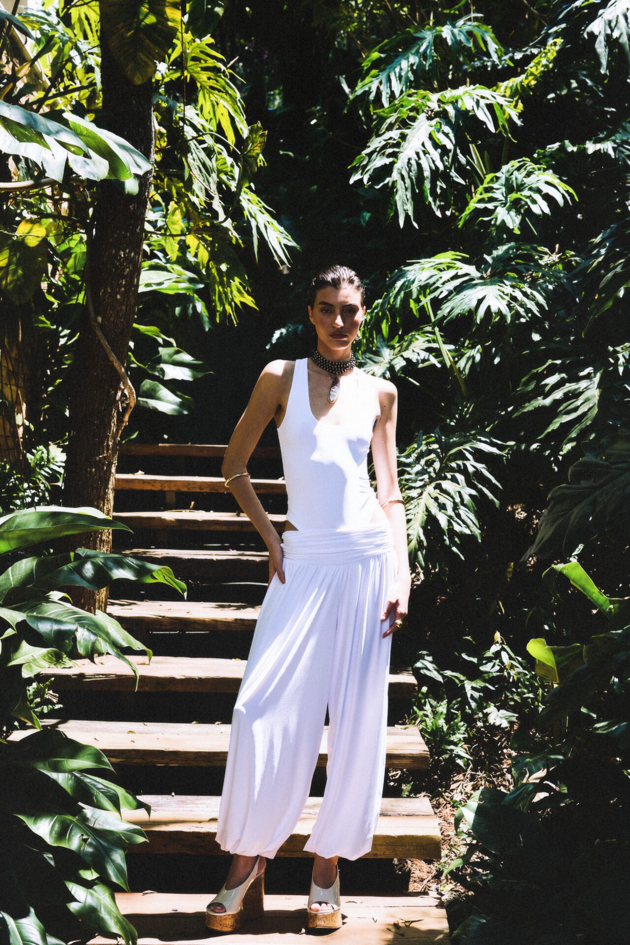 Calça Aladim de Malha Com Pala Drapeada Aghata - Off White